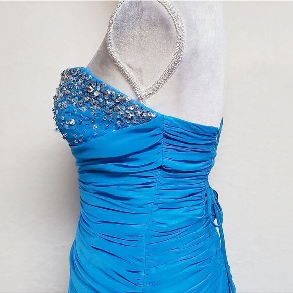 JOLI Prom Blues Ruched Sequin Beaded Bubble Hem Strapless Formal Maxi Dress 12 - Picture 10 of 16